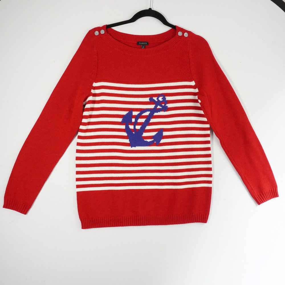 Talbots Women's Red Striped Anchor Nautical Knit Sweater Size M Coastal Grandma